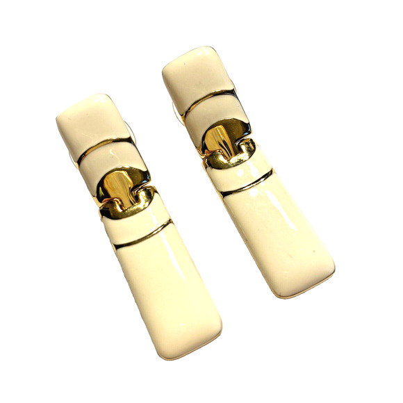 Vintage Monet Pierced Earrings Unique Gold & Creamy White Enamel 80’s Boss Lady - Picture 1 of 6